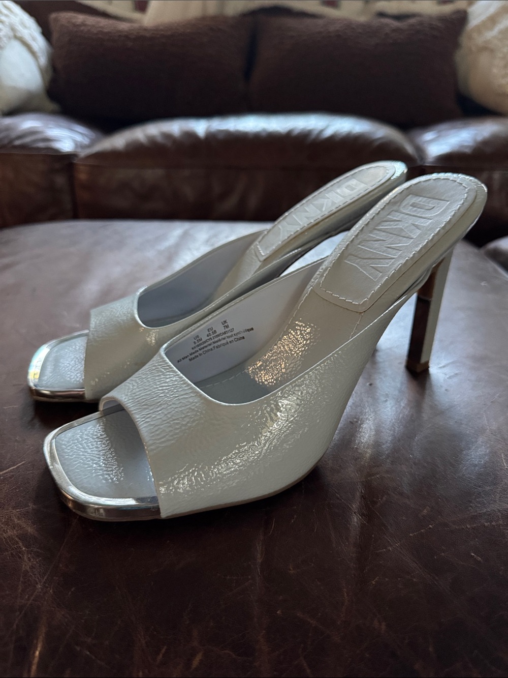 DKNY White Patent Peep-Toe Mule Heels with Silver Trim